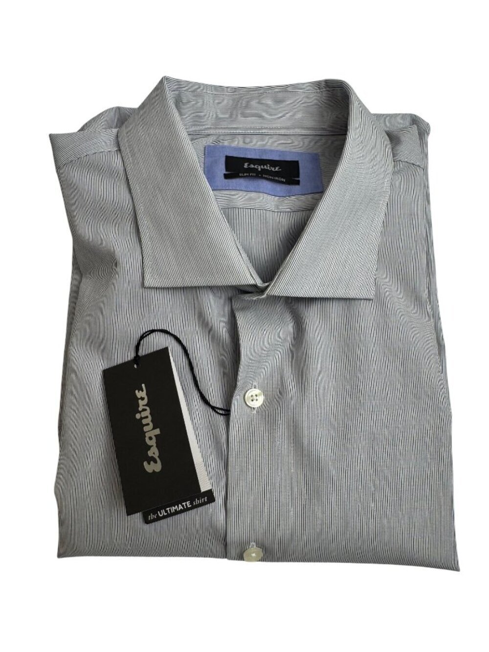 Esquire NEW 100% Cotton Button Down Shirt Grey Stripe18-34/35 Slim Fit Non Iron